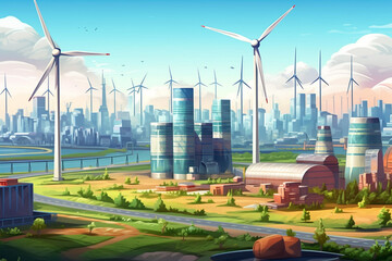 Wall Mural - eco city with wind turbines. renewable energy concept. vector illustration