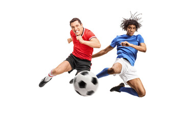 Poster - African american and caucasian football players jumping and kicking a ball