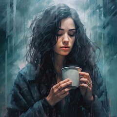 Wall Mural - a woman holding a cup in the rain, with her eyes closed and hands clasped over her face as she looks down