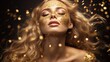 beautiful young blond woman in gold glitter, advertising product design concept background