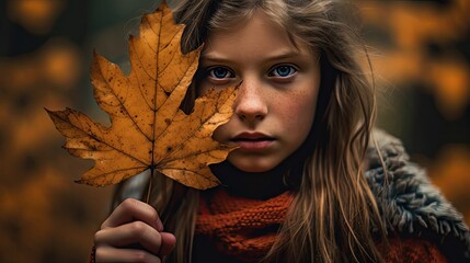 Wall Mural - a young girl holding an autumn leaf in front of her face and looking at the camera with a serious expression