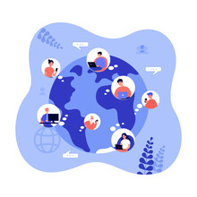 Planet With Icons Of People With Gadgets Vector Illustration. Cartoon Drawing Of Young And Old Men And Women With Phones, Laptops Or Computers. Global Communication, Connection, Technology Concept