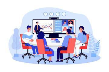 Poster - Video conference between business teams vector illustration. Cartoon drawing of office workers discussing statistics during virtual meeting. Technology, communication, teamwork concept