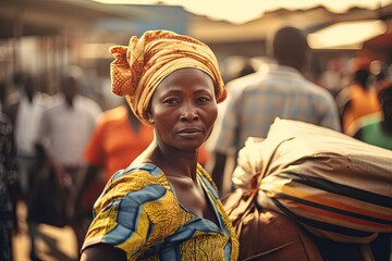 Wall Mural - a woman with a turbal on her head standing in front of a group of people walking down the street