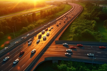 Wall Mural - Aerial view of highway with cars moving on road at sunset.