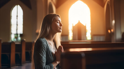 Wall Mural - A young woman prays in a church 6