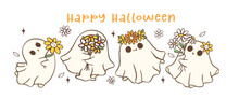 Group Of Cute Halloween Ghosts With Daisy Flower, Kawaii Retro Floral Spooky Banner,Happy Halloween, Cartoon Doodle Outline Drawing Illustration Idea For Greeting Card, T Shirt Design And Crafts.