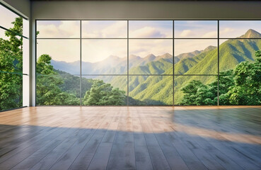 Wall Mural - yoga retreat studio interior with with beautiful nature mountains landscape view in background