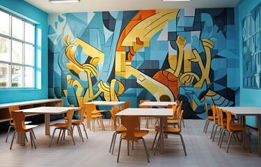 Canvas Print - an empty classroom with blue walls and colorful paintings on the wall behind it is a white table surrounded by orange chairs