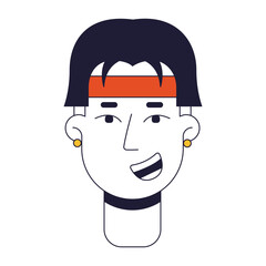 Poster - Excited asian man smiling flat line color vector character head. Editable cartoon avatar icon. Face emotion. Cheerful boy simple cartoon spot illustration for web graphic design