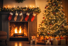 A Beautifully Decorated Living Room With A Litfireplace, Chrismas Theme.