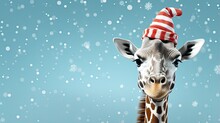 Happy Giraffe, In Santa Claus Hat On Christmas Holiday Time. Digital Art On Blue Background.
