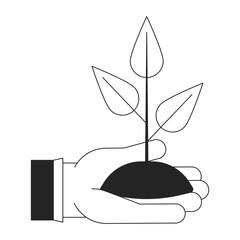 Poster - Holding plant flat monochrome isolated vector object. Gargening. Hobby. Put plant into soil. Editable black and white line art drawing. Simple outline spot illustration for web graphic design