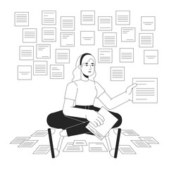 Poster - woman taking notes bw concept vector spot illustration. remember everything. worker 2d cartoon flat 