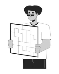 Poster - man holding puzzles board bw concept vector spot illustration. chaos unorganized 2d cartoon flat lin