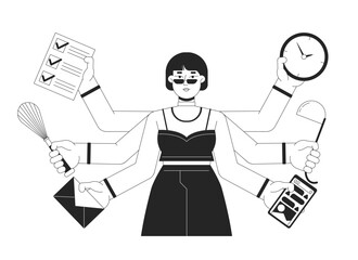 Poster - multitasking business woman bw concept vector spot illustration. holding different items 2d cartoon 