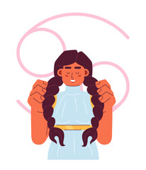 Poster - cancer zodiac sign flat concept vector spot illustration. young girl with two braids 2d cartoon char