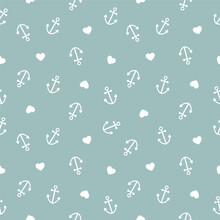 Blue Seamless Pattern With White Anchors And Hearts