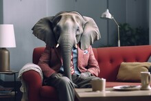 A Elephant Dressed In Casual Clothes Sitting On A Sofa At Home