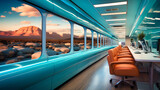 Fototapeta  - Travel-inspired office spaces resembling train compartments or airplane cabins.
