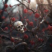 A Skull Sitting On Top Of A Tree With Red Roses In The Branches Behind It, And An Image Of A Dead Human Skull