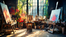 Art Studio Workspace With Easels, Canvases, And Splattered Paint.