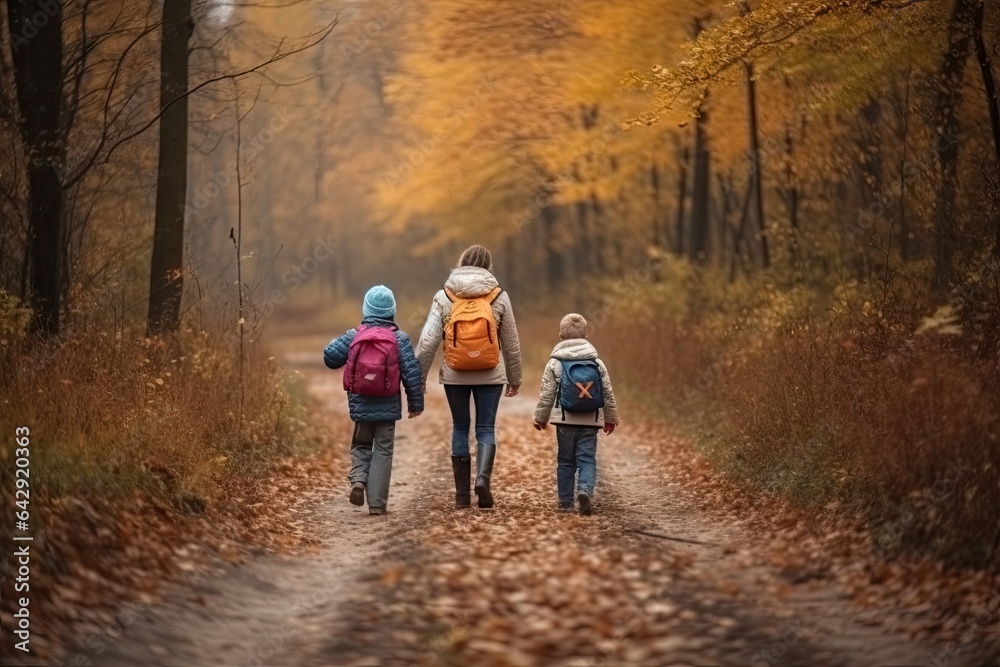 two children walking down a path in the woods with autumn leaves all ...