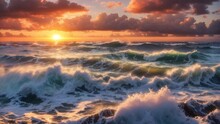 Breath Taking Sunset Scenery Over The Foamy Ocean