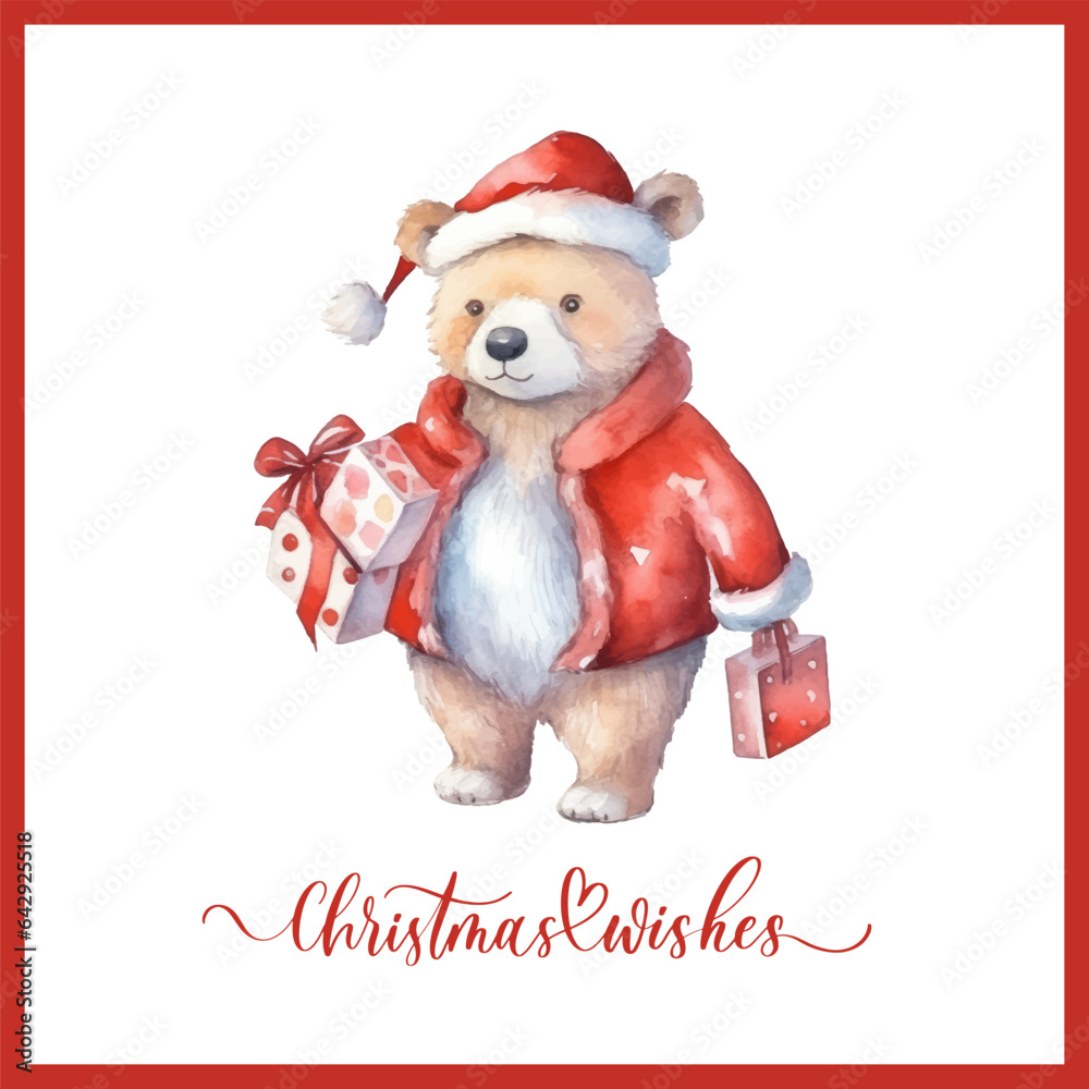 Cute watercolor christmas plush teddy bear with gift boxes. Christmas ...