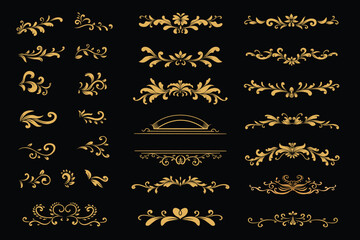 Elements set vector illustration, Luxury gold Vintage decorative ornament design. Labels and badges, retro ribbons, luxury fancy logo symbols, elegant calligraphic swirls, flourishes ornate vignettes.