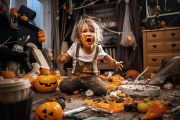 Wall Mural - a playful hyperactive cute toddler child misbehaving and making a huge mess in a living-room full of halloween decoration, orange pumpkin jack o'lanterns, throwing around sand and mud. Studio light.