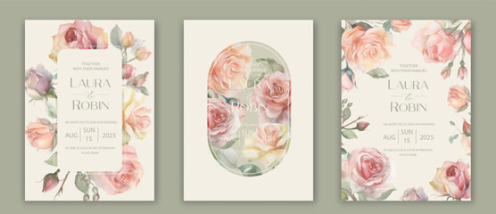 Wall Mural - Wedding  Invitation Card Design with watercolor garden roses.