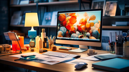 Wall Mural - Workspace with a desktop computer, stationery, and personal memorabilia