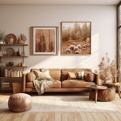 Poster - a living room with wood flooring and brown leather couches, two framed pictures on the wall above them