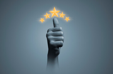 Poster - Customer excellent satisfaction and product service evaluation concept , Hand thumb up with glowing yellow five stars.