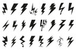 Black lightning icon collection. Bolt, power, thunder, charge, storm symbol. Set of thunderbolt icon