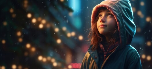 Wall Mural - Cute girl in green parka cherishing magical Christmas tree. Winter wonder captured.