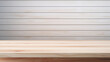 Wooden table top on white wooden strriped line wall background. For product display. High quality photo