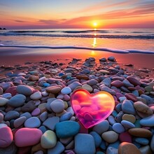 Crimson Sunset On A Beach Filled With Glowing Natural Colored Heart Shaped Polish Sea Glass And Stones On The Seashore, With Sky, Sandy Beach With Coast Glass, Photo Realism, Long Exposure Photography