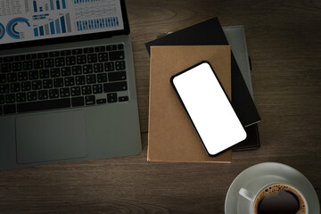 Poster - Top-view desk smartphone with blank screen and modern frameless design with copy space