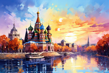 Wall Mural - oil painting on canvas, Russia. Artwork. Big ben. a boat in the river. Building. famous travel. Bridge and river (ai generated)