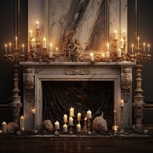 An Ornate Fireplace With Candles And Statues On The Mantle, In Front Of A Large Marble Fireplace Surrounder Surrounded By Candle Holders