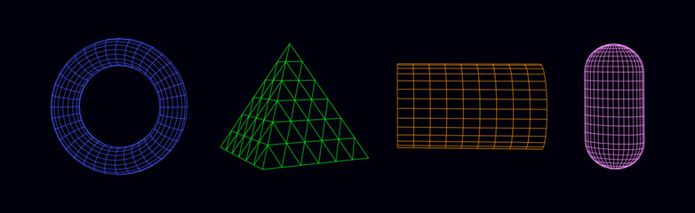 Poster - Vector set sci-fi 3D objects with lines. Wireframe geometric shapes such as turus, pyramid, capsule, cylinder. Abstract technology background. Scientific framework.