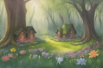 Canvas Print - Fairy tale house in wood. AI generated illustration