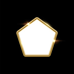 Poster - 3d plate button of pentagon shape with golden frame vector illustration. Realistic isolated website element, golden glossy label for game UI, badge of navigation menu with shiny light effect on border