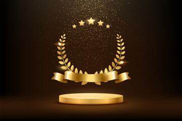 gold award round podium with laurel wreath, ribbon, star, shiny glitter and sparkles isolated on dar