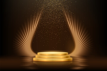 Gold tripple podium for product presentation vector illustration. Abstract empty golden award platform with rays or wings, glitter confetti sparkle rain falling