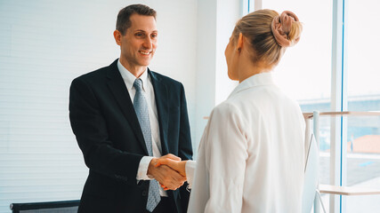 Poster - business people handshake in corporate office showing professional agreement on a financial deal con