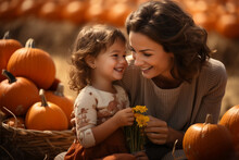 Happy Mother And Child At Pumpkin Patch Outdoors, Halloween Autumn Concept, Fall Harvest Organic Vegetables