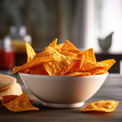 Wall Mural - Crunchy doritos in the bowl on the kitchen table, sunny day. Generative AI.